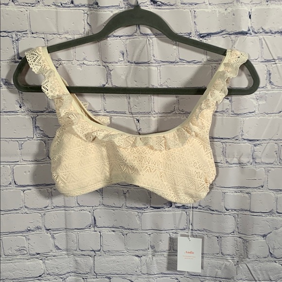 Andie Other - Andie Swim Women Hydra Bikini Top Cream Crochet Ruffle Boho Festival Beach M NWT